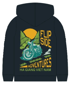 Dark hoodie with the Flipside Adventures motorbike print on the back