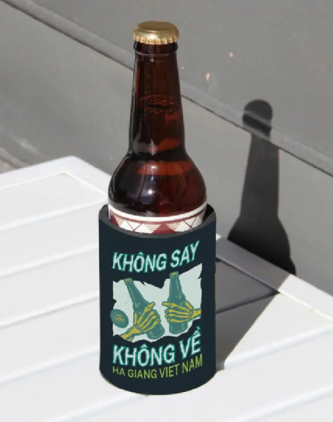 The Khong Say Khong Ve stubbie holder on a beer bottle
