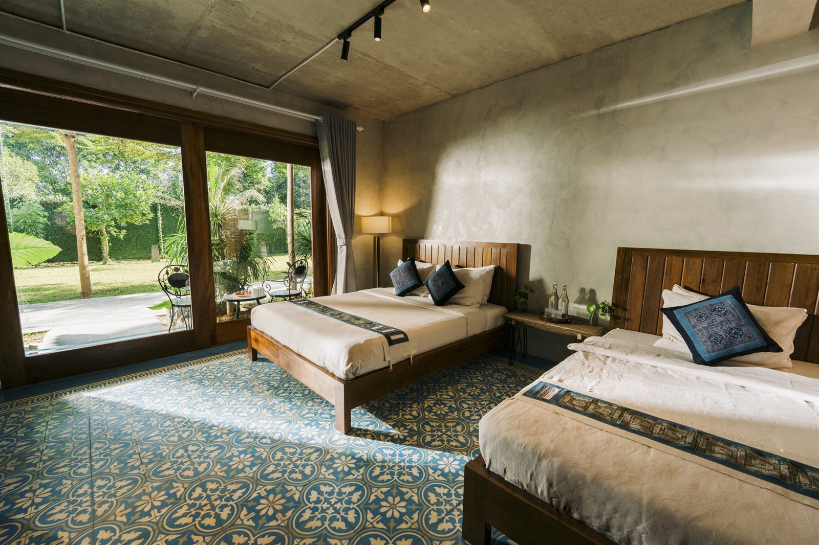 Twin room with garden doors open
