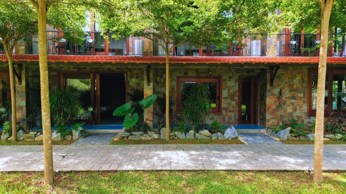 The stone frontage of the villa behind a row of young trees