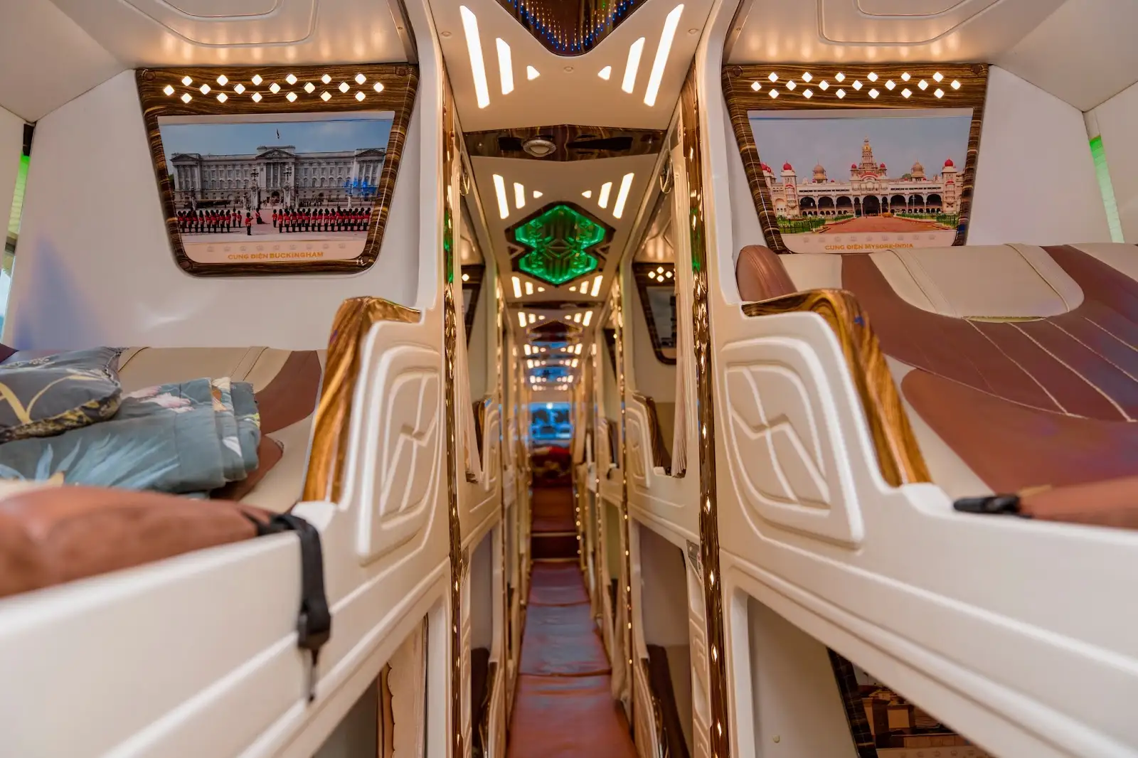 Inside a VIP sleeper bus, bunks either side of the aisle
